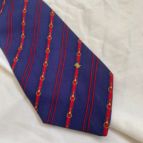 Celine Paris blue red stripped silk luxury men's neck tie - Picture 9 of 9